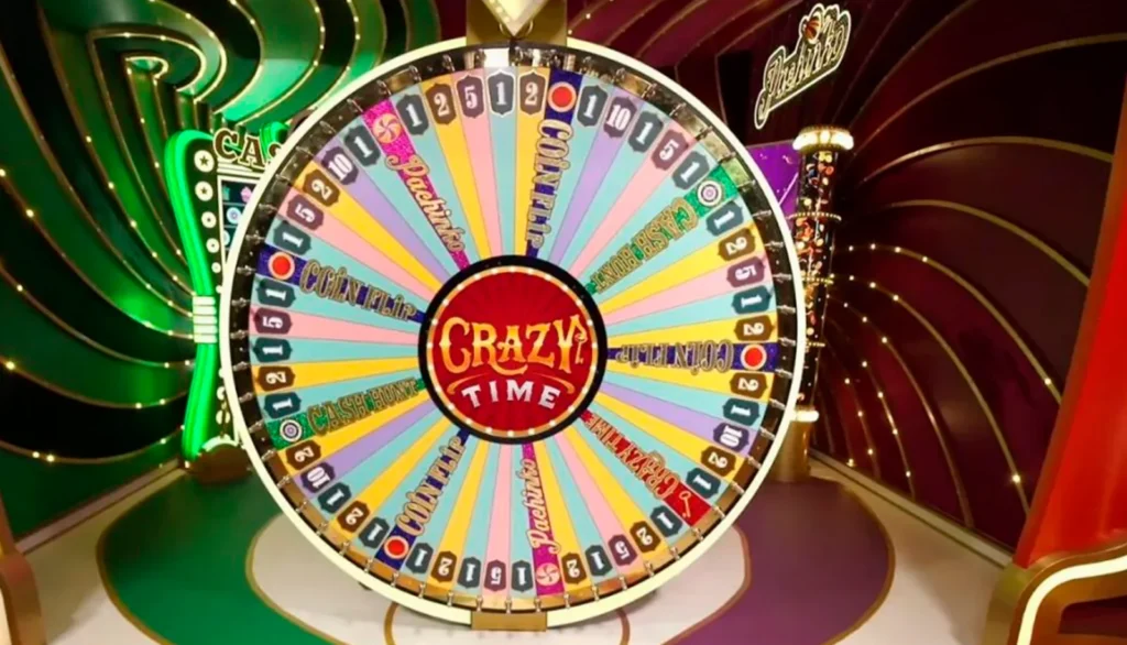 Crazy Time wheel with all 54 segments and the four bonus games visible in the live studio